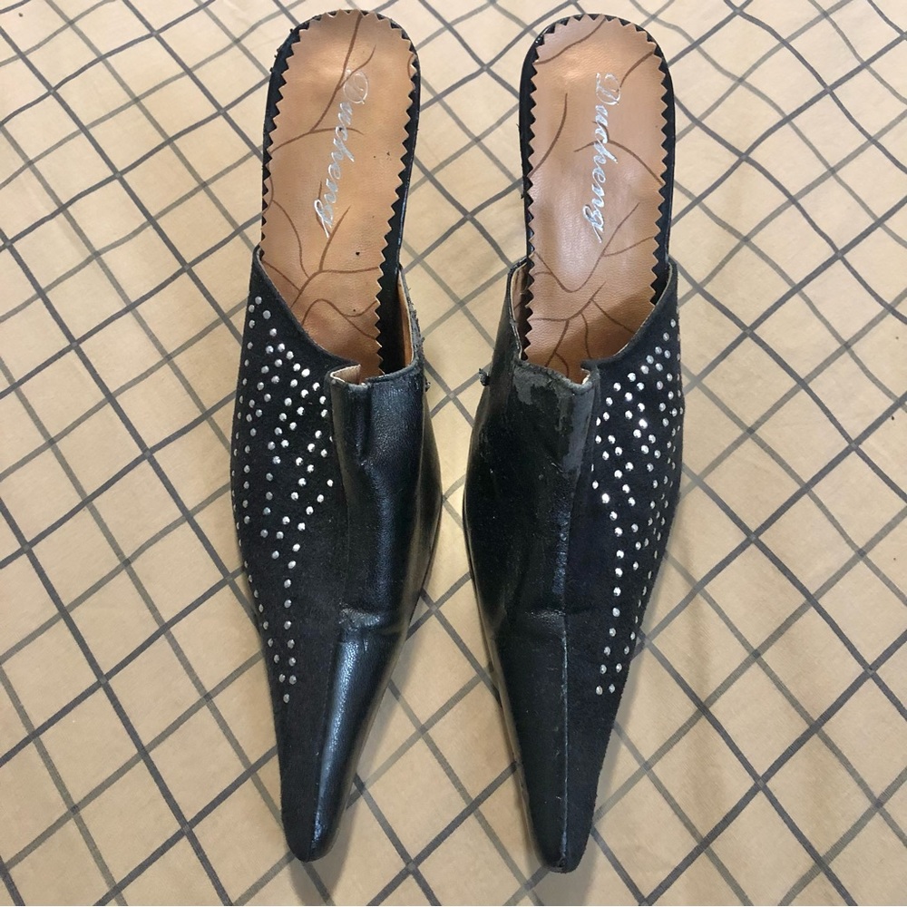 Black Pointed Toe Faux Leather & Suede Slip on Heels with Silver Studded Accents